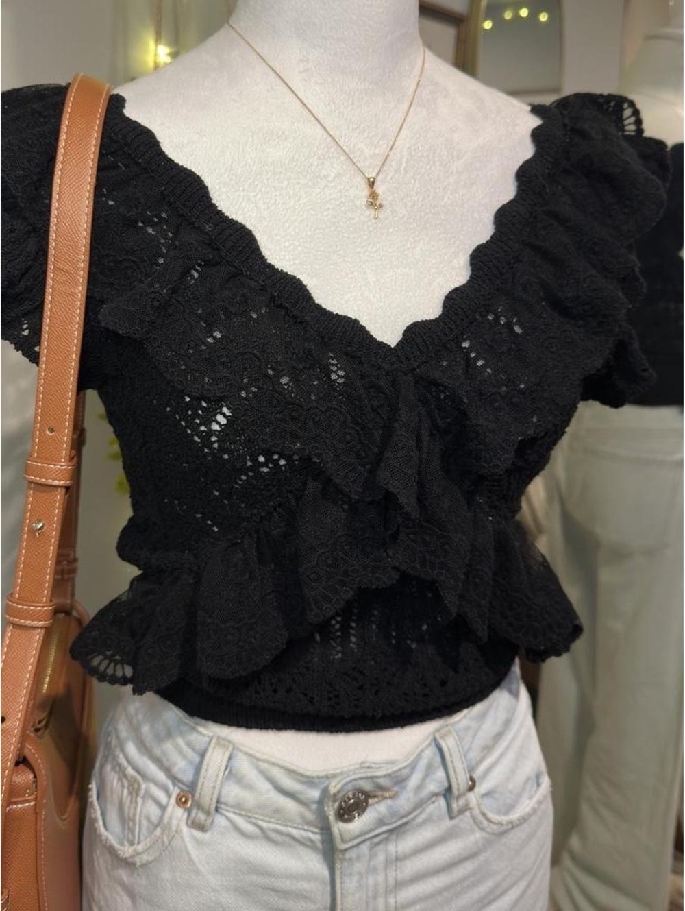 Black Crochet Ruffle Top 🖤 - Picture 2 of 6